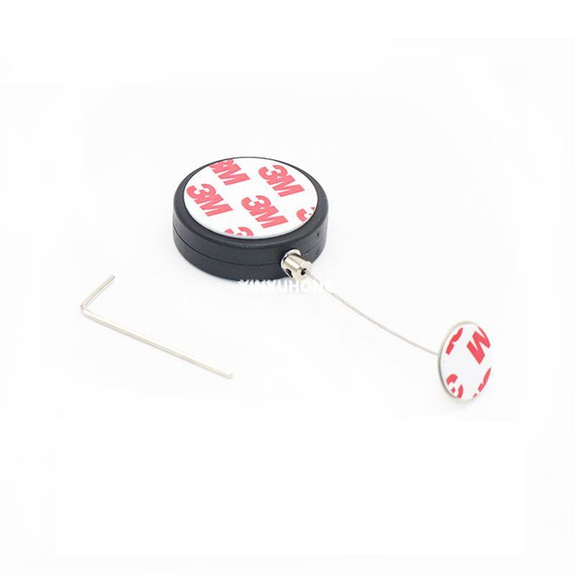 Black Round Retractable Security Tether Pull Box with Adhesive End and Extendable Steel Wire Cord