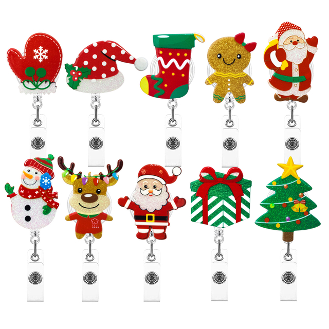 High Quality Christmas Acrylic Glitter Snowman Christmas Tree Socks Gloves Retractable Badge Reel Holder ID Buckle