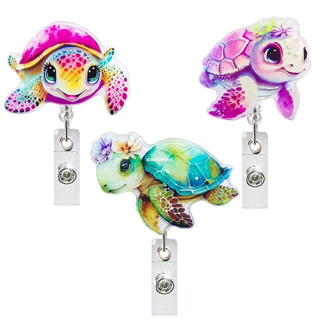 New Acrylic Colorful Sea Turtle Marine Animal ID Card Holder Retractable Badge Roll Holder with 360° Rotating Back Clip