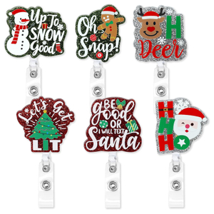Santa Claus Snowman Elk Acrylic Badge Reel Retractable ID Badge Holder with 360° Rotatable Alligator Clip Nurse Christmas Gift