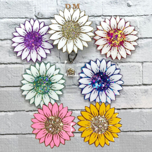 Acrylic Glitter Sequins Seven Color Sunflower Retractable Badge Reel with Rotating Crocodile Back Clip Nurse Badge Holder