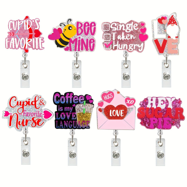 Acrylic Valentine's Day Plastic Retractable Badge Reel ID Card Holder for Teachers And Nurses ID Accessories
