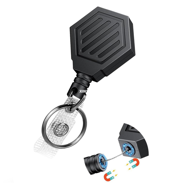 Xinxuhong-P094 Hexagonal Plastic Carabiner Magnetic Retractable Tactical ABS Badge Reel Wire Rope Keychain with Metal Back Clip