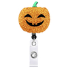 Halloween Glitter Pumpkin Felt Acrylic Patch Retractable Badge Holder ID Buckle Nurse Badge Reel with 360° Rotating Clip