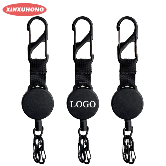 XXH-Custom Logo Retractable Heavy Carabiner Reel with S Style Black Matte Buckle Hook Outdoor Loading Keychain