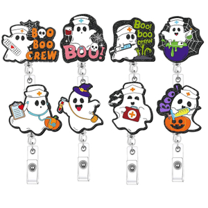 Wholesale Acrylic Halloween Ghost Medical Nurse ID Card Holder Retractable Badge Reel Holder with Swivel Alligator Clip