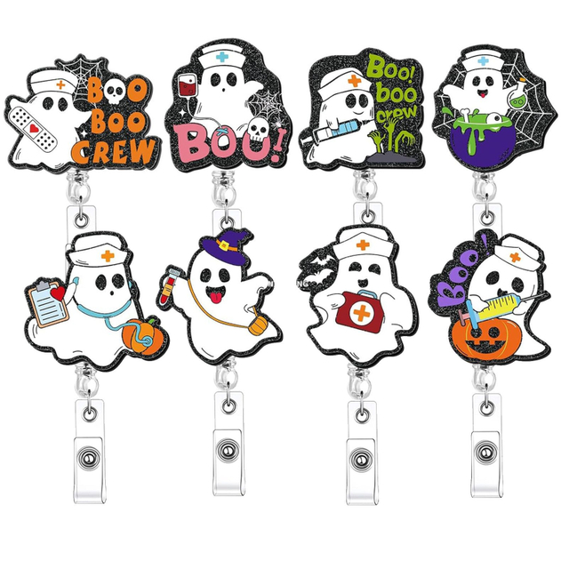 Wholesale Acrylic Halloween Ghost Medical Nurse ID Card Holder Retractable Badge Reel Holder with Swivel Alligator Clip