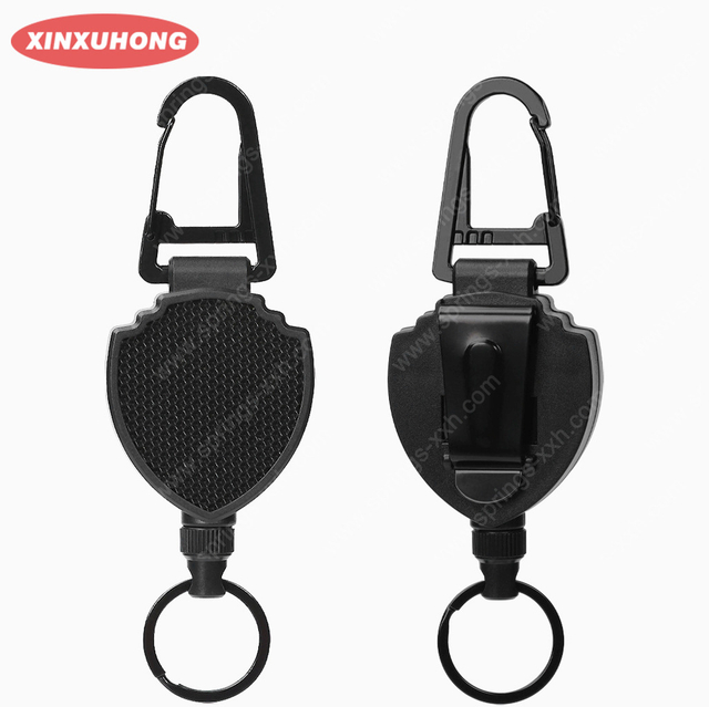 XXH-P044 Extendable Keychain Multitool Carabiner Key Holder with Steel Wire Cord Retractable Shield Badge Key Reel for Camping