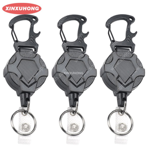 XXH-P079 Outdoor 46mm Heavy Duty Carbon Fibre Retractable Badge Reels Holder Clip Keychain with Retract Bottle Opener Carabiner