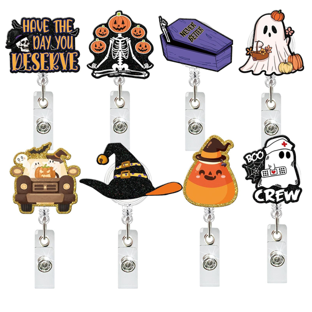 Acrylic Boo Boo Crew Halloween Magic Hat Ghost Skull Medical ID Card Holder Retractable Badge Reel Clip with 360° Rotating Clip
