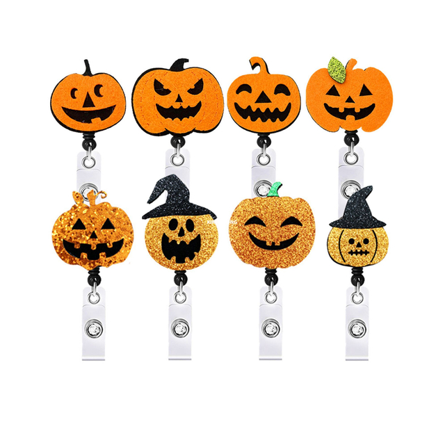 Halloween Glitter Pumpkin Felt Acrylic Patch Retractable Badge Holder ID Buckle Nurse Badge Reel with 360° Rotating Clip